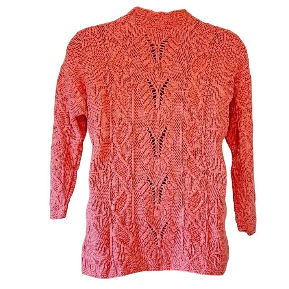 Handmade Linen Chunky Cable Knit Sweater Pink Open Knit MACKINAW  Women's M L - Picture 3 of 6